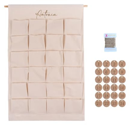 AWASG Adventskalender groß Stoff für Kinder - Personalisiert mit Name - 24 Taschen zum selber Befüllen inkl. Holzzahlen - Kalender Adventszeit Weihnachten