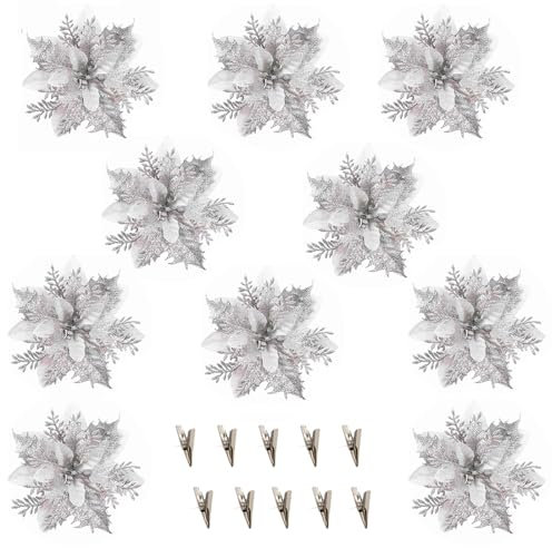 10 Stück silberne und weiße Glitzer-Weihnachtssterne, 14 cm, künstliche Blumen, Weihnachten mit Clips, Stiele, Weihnachtsbaumschmuck für Hochzeit, Party, Kranz, Dekoration