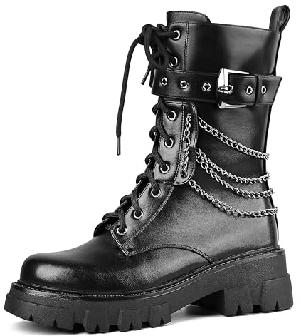 SHEOMSIE Women's Combat Motorcycle Boots - Lace Up, Chains, Ankle, Platform, Round Toe, Zipper, Chunky, Biker, Fashion, Punk, Short Boots - Black