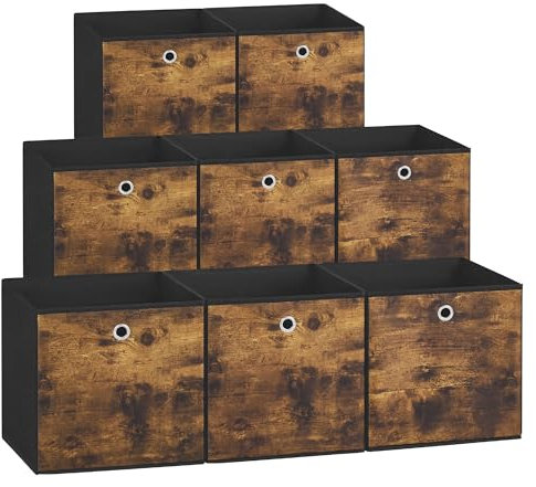 SONGMICS Aufbewahrungsbox, 8er Set, Ordnungsboxen, Faltbox, 33 x 33 x 33 cm, Stoffbox, für Würfelregal, Organizer für Kleidung, für Schlafzimmer Wohnzimmer, vintagebraun-schwarz RFB833B01