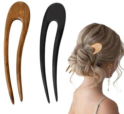 2 Pcs Bois en Forme de U Pince à Cheveux, Française Épingles à Chignon, 15.5 cm Fourchette Piques Cheveux de Santal, Épingle à Cheveux à Double Fourche pour Femmes Filles Accessoires de Coiffure