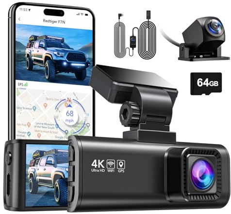 REDTIGER F7N 4K Dashcam und OBD Hardwire Kit mit WiFi GPS Vorne 4K/2.5K und Hinten 1080P Dash Kamera, Inklusive 64G Karte, 3.18 Kamera Auto, 170° Weitwinkel Dashcam Auto