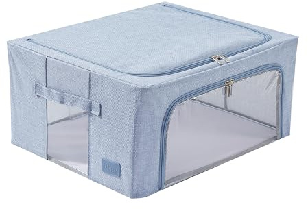 Periea ‘Beau’ Folding Collapsible Stackable Fabric Home Storage Boxes with Steel Frames (Blue Hemp, Medium)