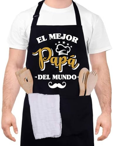 FRIUSATE Delantales Cocina Hombre Ajustable Delantales de Cocina con Bolsillo Impermeables Aprons Original Delantal Regalo para Papá, Negro