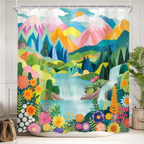 Newsely Abstact Mountain Duschvorhang, 152,4 x 183,9 cm (B x H), Boho-Stil, bunt, Wald, Blume, See, Naturlandschaft, Duschvorhang, Badezimmer-Set, modern, wasserdicht, Baddekoration, Zubehör,