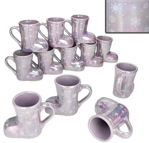 MamboCat 12er Set Glühweinstiefel Brillant Flieder mit Henkel I 200ml geeicht I Perlmutt-Glühweinbecher mit Schneeflocken & Sternen für 12 Personen I Keramik-Tasse für Tee, Feuerzangenbowle
