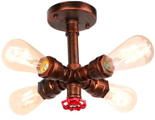 iDEGU Industrielle Deckenleuchte Wasserrohr Design Retro Lampe 4 Lichter E27 Fassung Deckenlampe Rohr Lampenschirm Vintage Kronleuchter für Wohnzimmer, Cafe, Restaurant (Rot Rost)