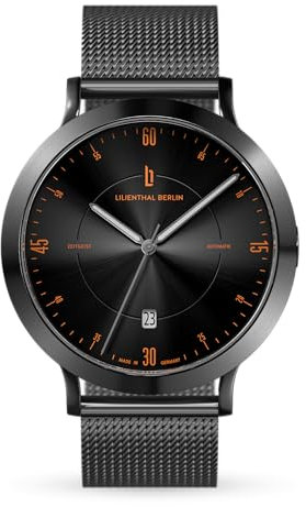 Lilienthal Berlin Zeitgeist Automatik Uhr Dark Silver Orange – hochwertige Herrenuhr am anthraziten Mesharmband aus silbernem Chirurgenstahl mit einem Automatikwerk & Saphirglas – 42,5 mm