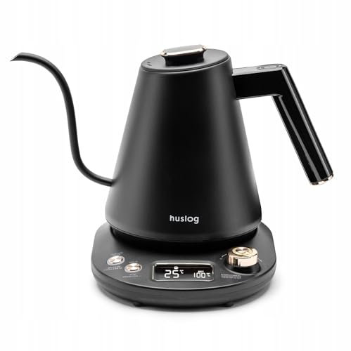 Huslog Bouilloire à Col de Cygne 1L, Température Réglable 40–100 °C, Fonction Maintien au Chaud, Écran LCD, Commande Rotative, Acier Inoxydable, 1100W, Idéale pour Café et Thé