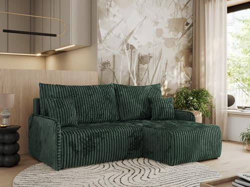 MKS MEBLE Ecksofa mit Schlaffunktion, Sofa L-Form, Schlafsofa mit Bettkasten, Bettsofa - Grün Cord - Arpa L - Rechts