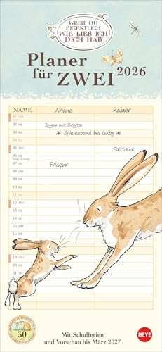 Weisst Du eigentlich, wie lieb ich Dich hab Planer für 2 - Kalender 2026 - Heye-Verlag - Mit 2 Spalten und niedlichen Illustrationen - 16 cm x 34,7 cm