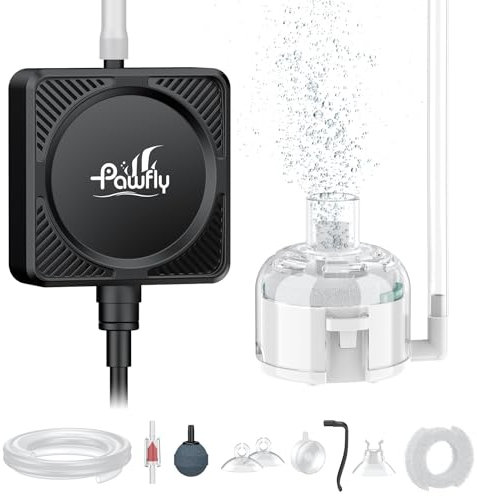 Pawfly Nano Acquario Pompa Aria, Ultra Silenziosa Mini Pompa Aria fino a 60 L per Vasche Pesci e Nano Acquari, 1.3 W Ossigenatore Portatile con Spugna Filtro, Tubo, Pietra Porosa e Valvola