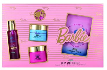 Barbie Geschenk Set, 5-teiliges Hautpflegeset, vegan, Körperpflege Set mit Body Mist, Body Scrub, Cream mit Aloe Vera und Glycerin, Badesalz Badebombe, sanfte Pflege Kosmetik zur Entspannung