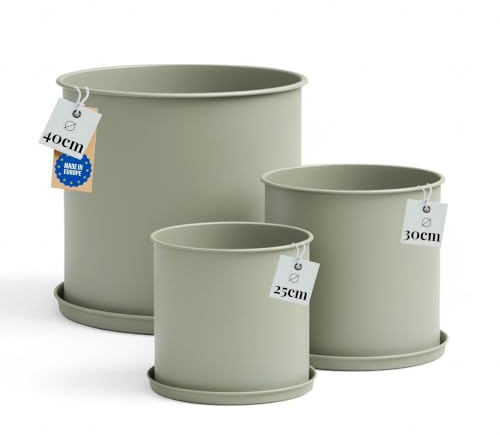 LIVLIG Blumentopf Set mit Untersetzer Moosgrau, Metall Pflanzkübel groß | Schöne Töpfe mit Untersetzer für außen & innen: Topf 25 cm, Übertopf 30 cm & 40 cm Durchmesser, Hochwertig, Made in Europa
