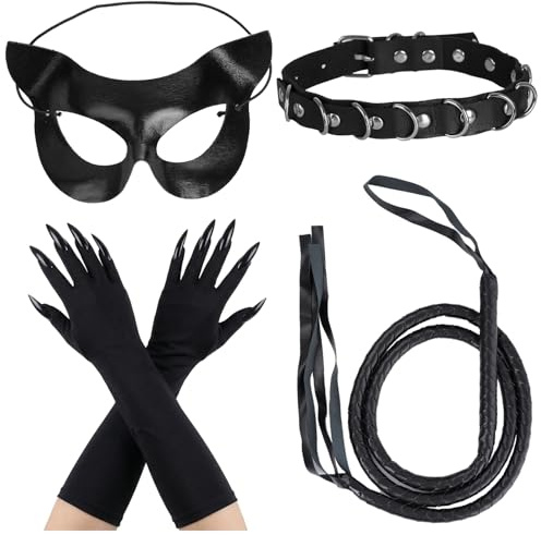 Tgsedr Costume de chat pour femme - 4 pièces - Costume de chat - Accessoire avec masque de chat - Gants - Fouet - Collier pour Halloween, carnaval, cosplay, fête, fête à thème