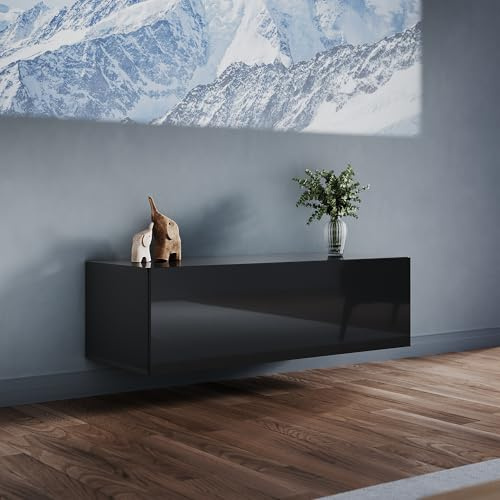 ELEGANT 100cm Floating TV Stand Cabinet Unit with Hinge LED Sensor Light | High Gloss Black TV Cabinet with Large Storage Shelves, Modern Wall Mounted TV Cabinets for Living Room, Bedroom