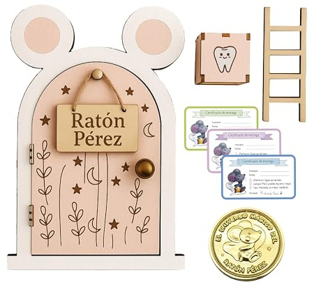 Zaldun-Puerta Ratoncito Pérez – Casita Ratoncito Pérez de Madera | Caja para Dejar Dientes,Escalera, certificados y Moneda - Se Abre la Puerta. (Rosa)