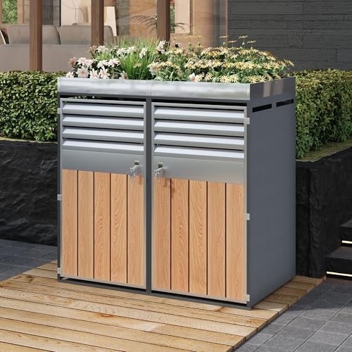 Merax Cache-poubelles 2 places avec toit pour plantes, armoire verrouillable en acier galvanisé, revêtement de poubelles avec ouverture d'aération et lamelles, deux portes, pour jardin et terrasse