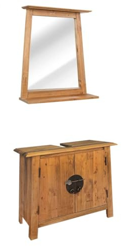 Foknhdi Badmöbel Set Kiefer Massivholz Vintage Retro Waschtisch mit Unterschrank 70 x 32 x 63 cm & Spiegel 70 x 12 x 77 cm Robustes Holz Bad Badmöbel für kleine Badezimmer Gäste WC