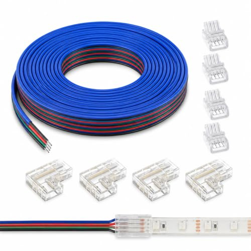 VIEVRE RGB LED Kabel Set, 5m, 22 AWG, COB Verbinder 4 Polig 10mm | Mit 4 L Eckverbindern und 4 Streifen zu Kabel Verbindern, lötfreies Zubehör für 10 mm RGB COB LED Streifen