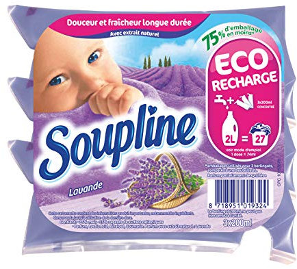 Soupline Lavande, Adoucissant/Assouplissant, éco-recharge à diluer, 3x200ml, en complément de votre lessive - LOT DE 4 - [12x200ml]