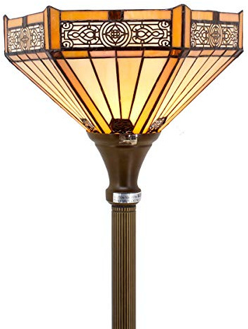 WERFACTORY Tiffany Floor Lamp Yellow Hexagon Stained Glass Mission Light 12X12X71 Inches Torchiere Standing Corner Torch Uplight Decor Bedroom Living Room Home Office S011 Series