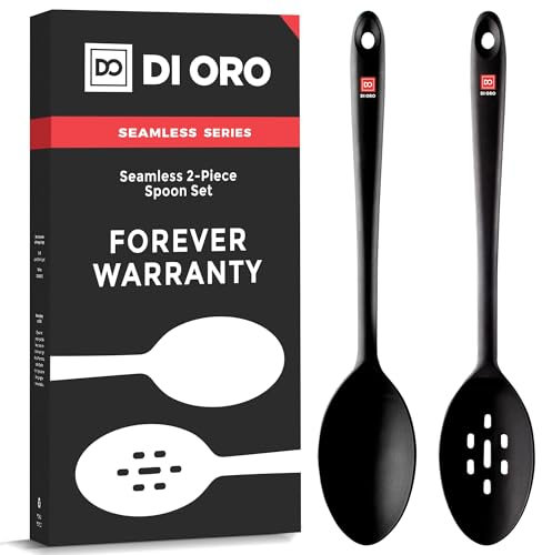 DI ORO® Seamless Series 2-Piece Silicone Spoon Set - 315°C Heat-Resistant Rubber Non-Stick Slotted and Solid Spoons for Mixing and Serving - LFGB Certified and BPA Free Pro-Grade Silicone