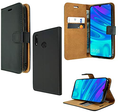 For Huawei P Smart 2019 POT-LX1 - Premium Black Leather Magnetic Book Wallet Protective Phone Case Cover With Veiwing Stand & Card Slots + Screen Protector