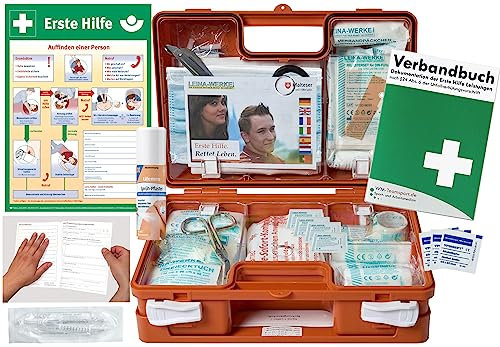 Verbandskoffer/Verbandskasten (K) Typ S -Paket 2- Erste Hilfe nach aktueller DIN 13157 für Betriebe -DSGVO- INKL. PERFORIERTEM VERBANDBUCH + Sprühpflaster & AUSHANG