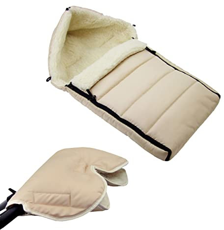 BAMBINIWELT KOMBI-ANGEBOT Muff + Winterfußsack 90cm - aus Lammwolle für Kinderwagen, Buggy, Radanhänger - WOLLE - LINIERT (beige)