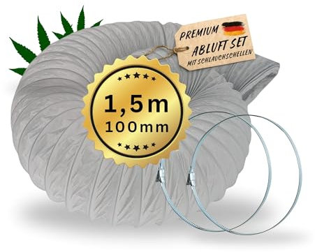 TronicXL 100 mm 1,5m Abluftschlauch Grow 100mm Set mit 2x Schlauchschelle PVC flexibel für Growing Homebox Growbox Growschrank Zubehör Growzelt Schlauchschellen Abluft Schlauch Indoor Lüfter Box