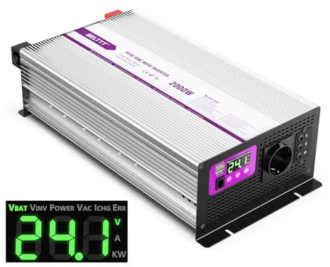 BELTTT Reiner Sinus Wechselrichter Spannungswandler mit LED Display, 2 USB Anschlüsse und EU Steckdose Umwandler Inverter Konverter für Fahrzeug Solar Hause Schiffe (2000W/24V)