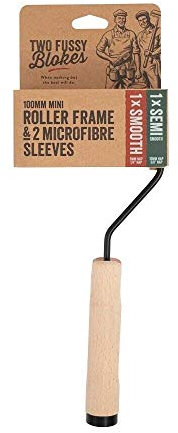Two Fussy Blokes 4 Inch (100mm) Wooden Handle Mini Paint Roller Frame Set with 2 Microfibre Roller Sleeves – Durable Steel Frame for Smooth Finish on Trim & Furniture