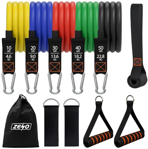 ZENO Resistance Bands 10 Pack | 5 Resistance Bands Set with 5 Attachment Handles | Skin Friendly Exercise Band for Women & Men | Ideal for Home Strength Training Full Body Workouts | 150LBS Max Weight
