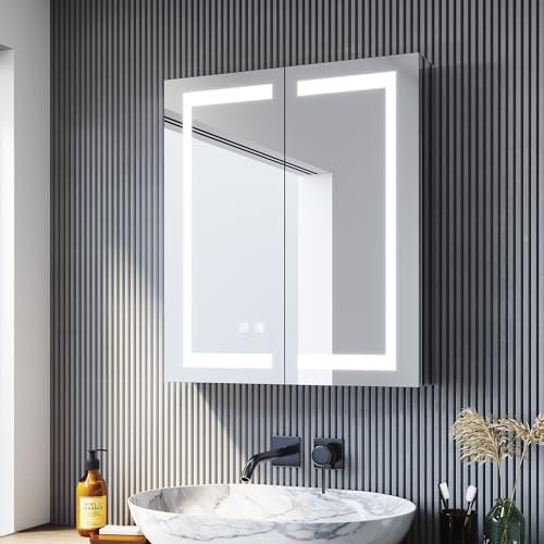 SONNI Spiegelschrank Bad mit Beleuchtung 60 cm breit beschlagfrei LED Spiegelschrank und Steckdose 2-türig Badezimmer-Spiegelschrank mit Touchschalter Kaltweiß/Neutralweiß/Warmweiß