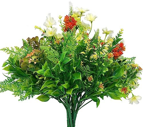 WAKISAKI Lot de 9 Plantes artificielles réalistes Multi-espèces pour Pots de Fleurs d'extérieur, Fausses Mamans pour l'extérieur, résistantes aux UV pour Toutes Les Saisons (Orange et Jaune, 9)