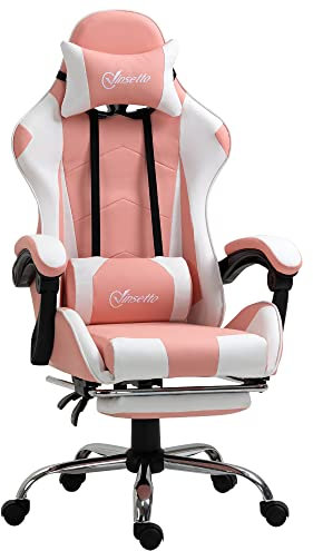 Vinsetto Gaming Stuhl Ergonomischer Bürostuhl mit Kopfstütze Massage-Lendenkissen Fußstütze Drehbarer Gamer Stuhl PC Stuhl mit Verbindungsarmlehnen, Wippfunktion Rosa