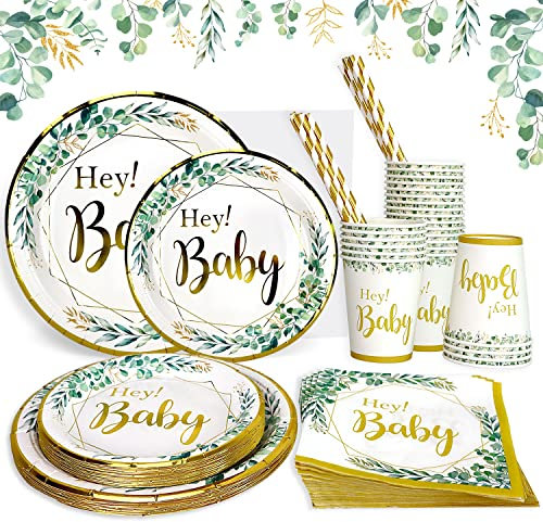 Heboland Babyparty Deko Neutral Partygeschirr Set für 25 Personen, 100 Stück Grün Gold wiederverwendbare Karton Pappteller Becher Servietten für Baby Shower Junge Mädchen