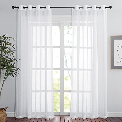 PONY DANCE Vorhang Weiß Transparent mit Ösen 200cm Hoch Voile Gardinen Wohnzimmer Modern Leinenoptik Vorhänge Weiss Durchlässig Ösenvorhang 2er Set H 200 x B 140 cm