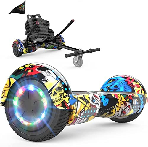 FUNDOT Hoverboards mit Sitz, Hoverboards mit Hoverkart, Go Kart 6,5 Zoll, Hoverboards mit schönen LED-Leuchten, Hoverboards mit Bluetooth-Lautsprecher, Geschenk für Kinder