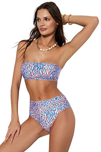 Trendyol Damen Women Animal Print Knit Bikini Set Bademode, Blau-Mehrfarbig, 62