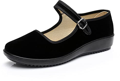 AioTio Upgraded Women's Velvet Mary Jane Shoes Black Cottton Old Beijing Cloth Flats Yoga Exercise Dance Shoes (7 UK)