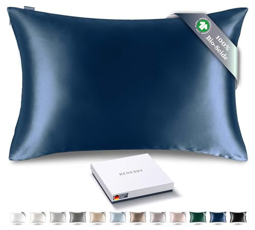 RENESSY Kissenbezug aus 100% Bio-Seide 40x80 cm - 22 Momme Maulbeerseide, Güteklasse 6A, Oeko-Tex zert. in Deutschland - Luxus für Haar und Haut, 1 Stück (Marineblau)