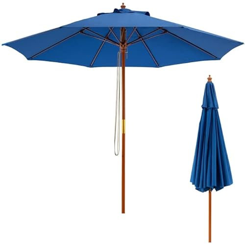 COSTWAY Parasol de Jardin Pliable 2,9M avec Mécanisme de Poulie à Corde Poteau en Bois 8 Baleines en Fibre de Verre pour Cour (Bleu)