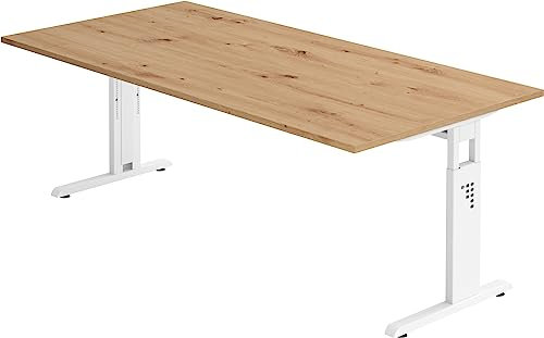 bümö höhenverstellbarer Schreibtisch O-Serie 200x100 cm in Asteiche, Gestell in weiß - großer PC Tisch für's Büro manuell höhenverstellbar, Computertisch verstellbar