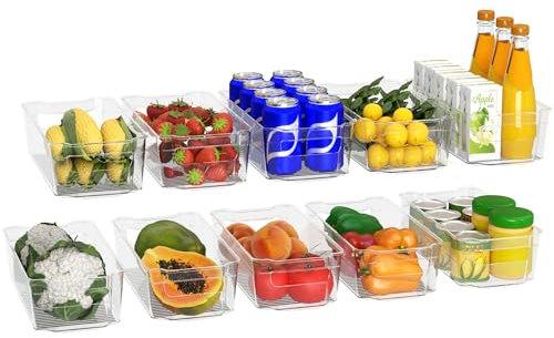 KICHLY Stackable Fridge Organisers - Set of 10 Storage Containers with Handles - Multipurpose Organizer Boxes For Kitchen, Fridge, Cupboard, Snacks, Cans, Tins, Pantry, Under Sink - BPA Free (Clear)