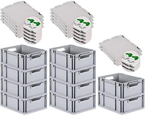 PROREGAL SuperSparSet 10x Eurobox NextGen Grip mit Scharnierdeckel und grünen Schiebeschnappverschlüssen, HxBxT 17x30x40cm, 16 L, Grau, Griffe offen, Eurobehälter, Transportbox