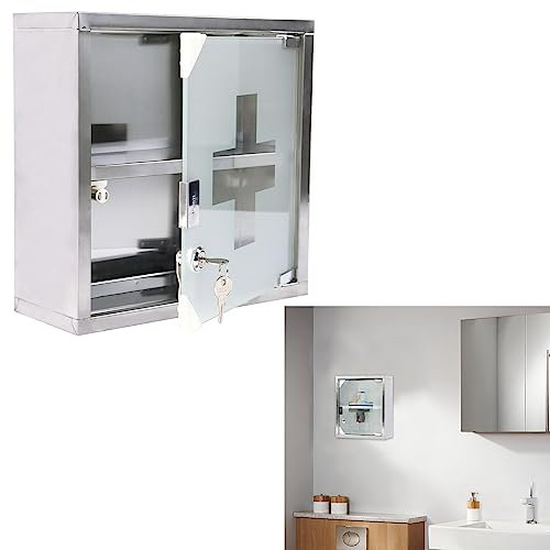 YARDIN Medizinschrank Apothekerschrank Abschließbar mit 2 Fächer, Medikamentenschrank aus Edelstahl Hausapotheke mit Glastür, Arzneischrank Hängend 30 x 12 x 30 cm, Silber