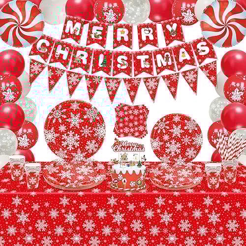 Paquete de 167 accesorios para fiestas navideñas, decoraciones navideñas, copos de nieve, decoraciones temáticas navideñas, juego de vajilla - platos de papel de Navidad, mantel, pancartas de