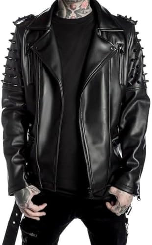 MIRZAYA Herren Brando Reverskragen Punk Nieten Spikes Echtes Motorrad Schwarz Lederjacke Rider Rock Classic Streetwear, Schwarz, XXL